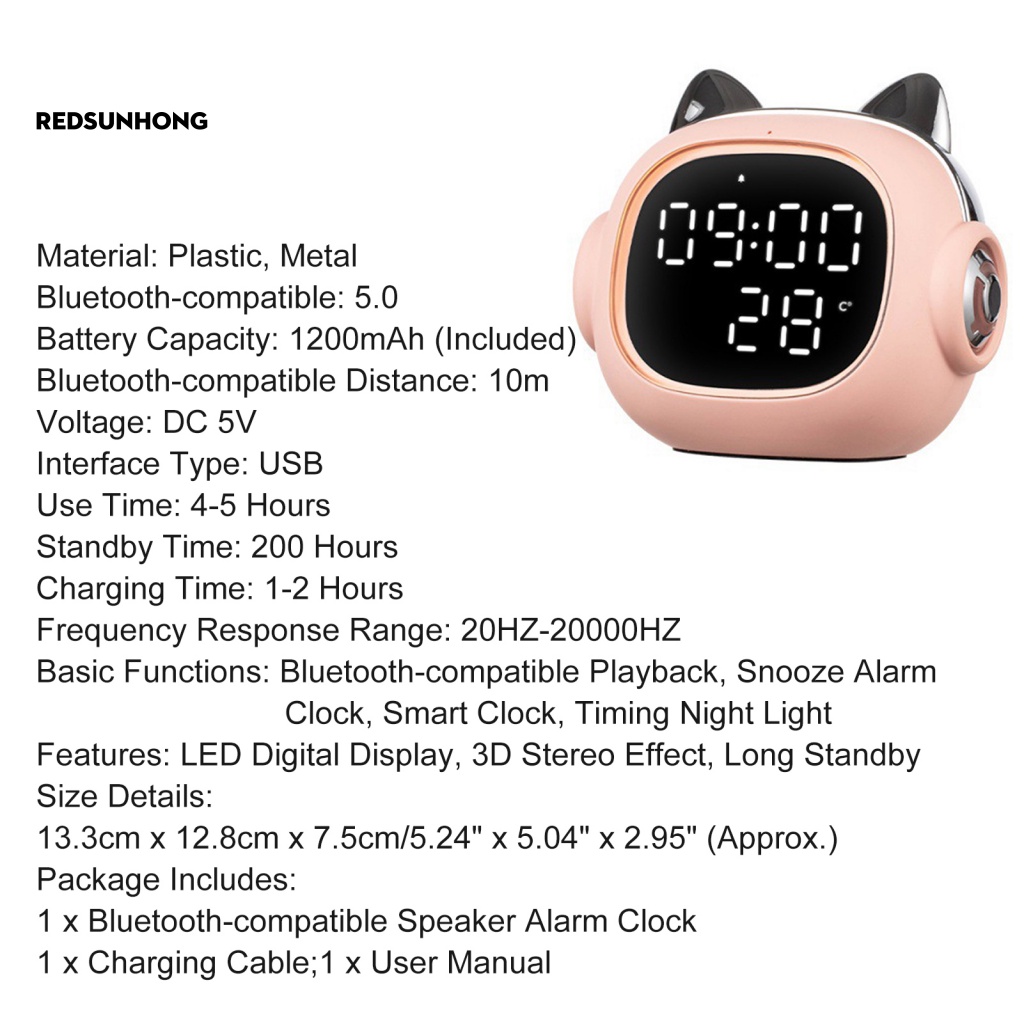 Loa Bluetooth Không Dây Tích Hợp Đồng Hồ Báo Thức Hình Mèo Hoạt Hình