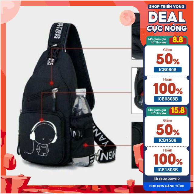 Túi chéo nam nữ Music cậu bé nghe nhạc có ngăn bình nước - tui deo cheo mã TCTLTC0959