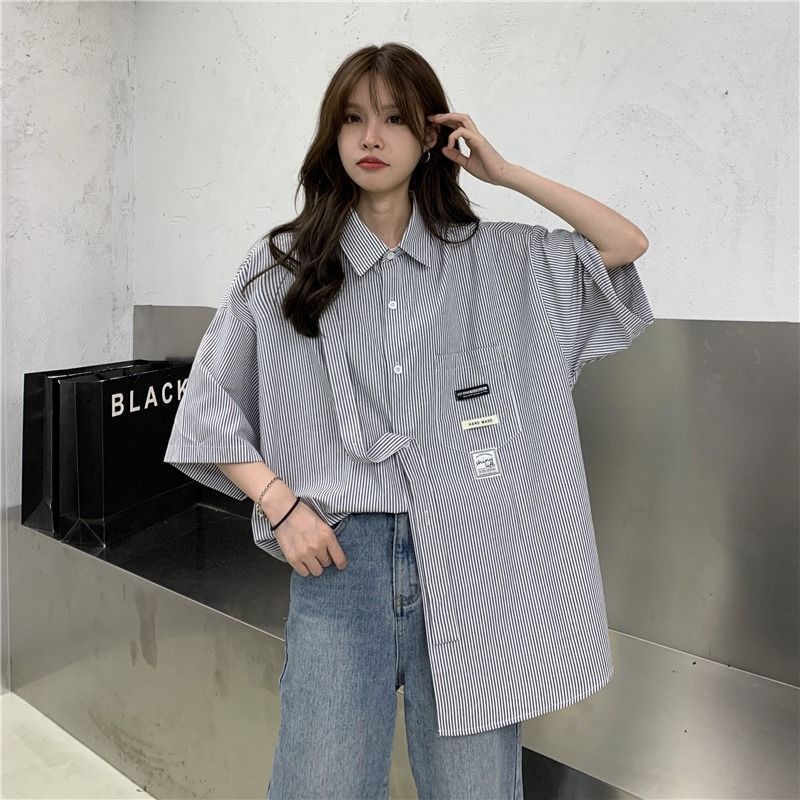Áo Sơ Mi Tay Ngắn Dáng Rộng Họa Tiết Kẻ Sọc Thời Trang Hàn Quốc Cho Nữ