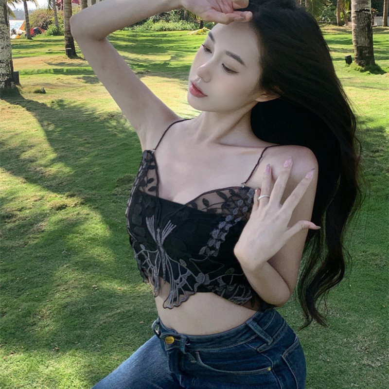 Áo Hai Dây Mỏng Vừa Vặn Thêu Ren Hình Bướm Màu Đen Gợi Cảm Phối Ren Đính Cườm