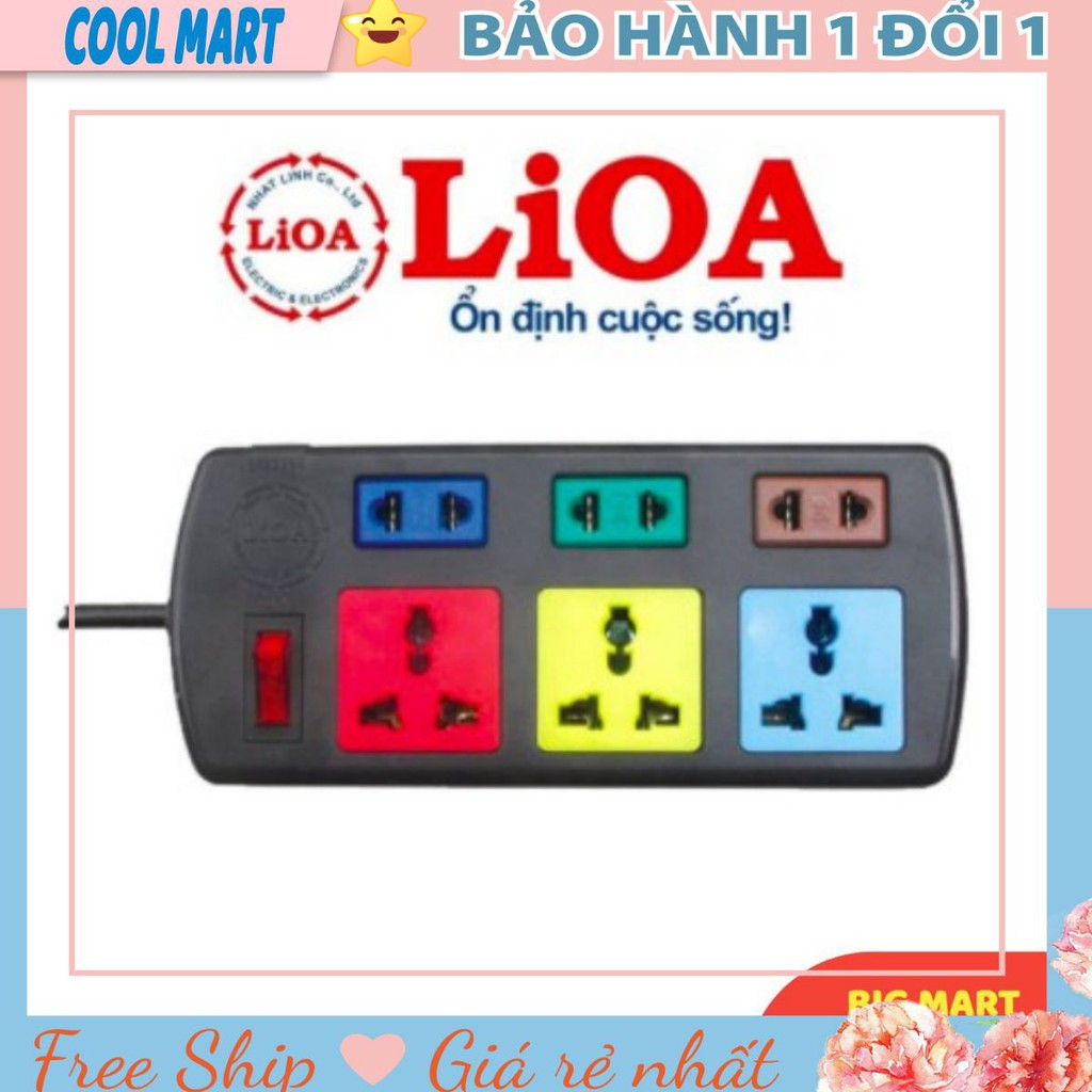 Ổ cắm LIOA kéo dài 3m có công tắc - 3 ổ ba chấu, 3 ổ hai chấu 2000W - model: 3D3S