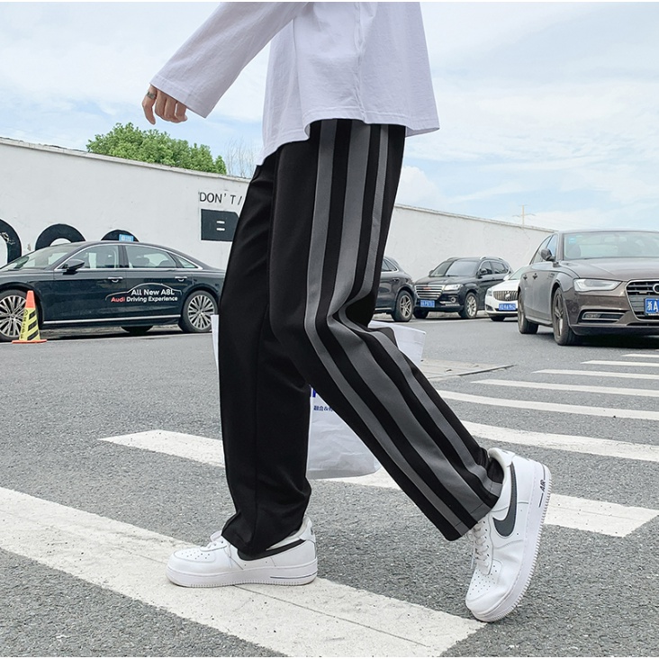 Quần Dài Thể Thao Dáng Suông Rộng Màu Trơn Kẻ Sọc Thời Trang Hàn Quốc Cho Nam