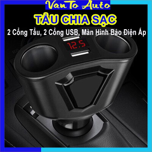 ⚡Video Thật.⚡ Tẩu Sạc Ô Tô Chia 2 Cổng Tẩu, 2 Cổng USB, Màn Hình Led Hiển Thị Điện Áp