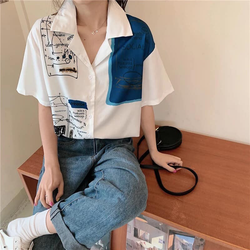 [CÓ ẢNH THẬT] Sơ Mi Nữ Phong Cách Ullzang In Hình Xinh Xắn, Cổ Áo Dạng Vest Nổi Bật, Vải Kate Thoáng Mát