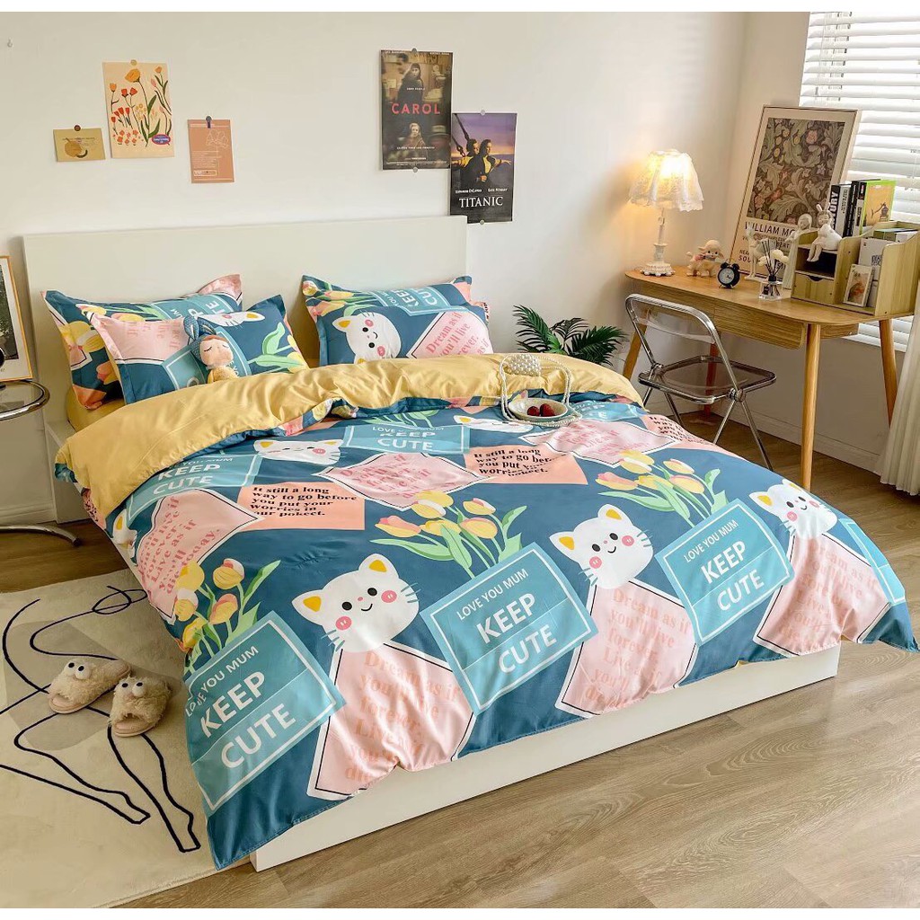 Bộ chăn ga gối Cotton Poly Bo Decor Mèo hoa, vỏ chăn mền, drap giường và 2 vỏ gối