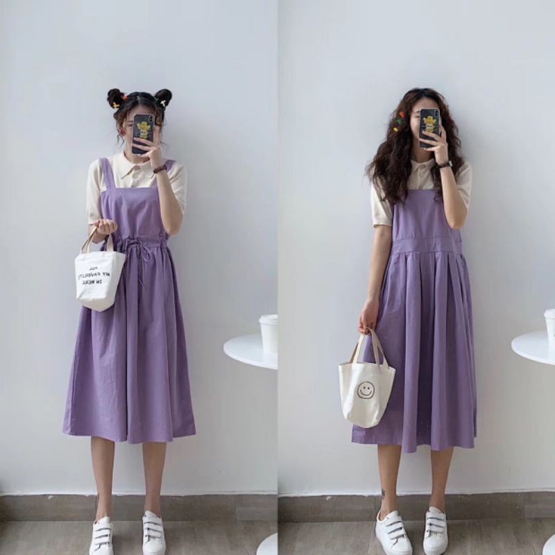 Set áo len dệt kim polo màu kem + váy yếm vải thô tím ulzzang phong cách Hàn Quốc vintage có size