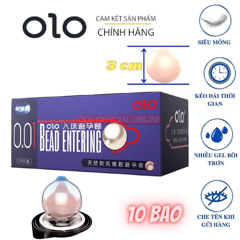 Bao cao su OLO siêu mỏng 0.01mm, 1 bi 3cm tăng kích thước, kích thích điểm G, gel bôi trơn gốc nước ( Hộp 10 bao)