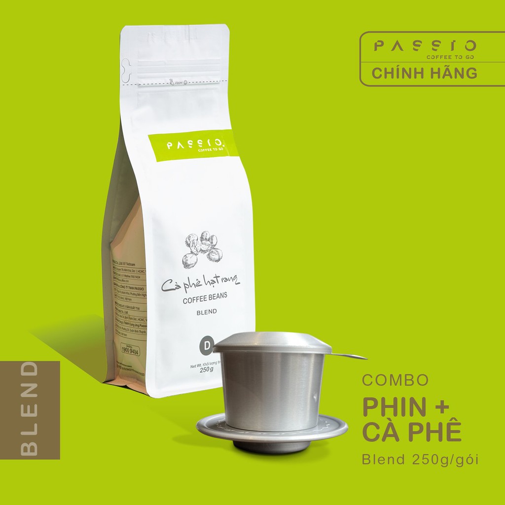 COMBO cà phê Blend nguyên chất 100% rang mộc (250g) + Phin nhôm cao cấp - Passio Coffee