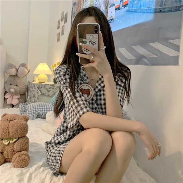 Bộ ngủ Pijama kẻ ô gấu bear 2 túi vải cotton | BigBuy360 - bigbuy360.vn