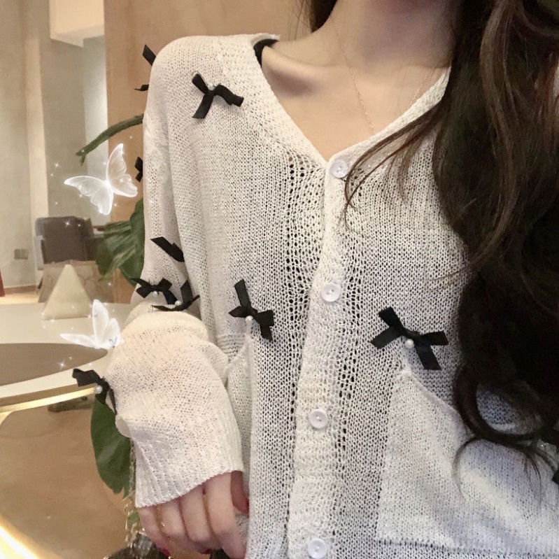 Áo Khoác Len Đính Nơ Hạt Ngọc Cực Xinh