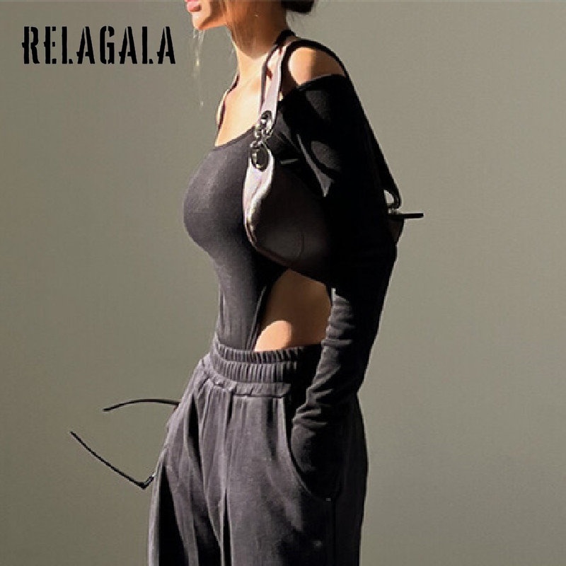 Relagala Bộ Áo Liền Quần Dài Tay Hai Dây Màu Trơn Gợi Cảm Thời Trang Cho Nữ