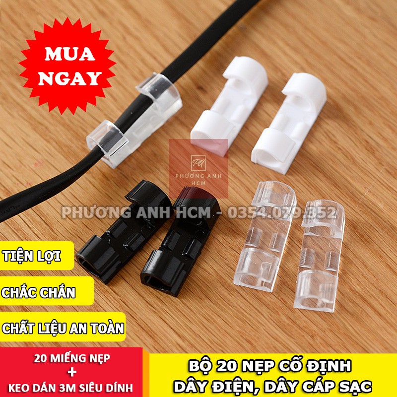 Bộ 20 Nẹp Dán Tường Cố Định Dây Điện Chống Rối - Kẹp Giữ Dây Cáp Sạc (Có Keo Dán 3M)