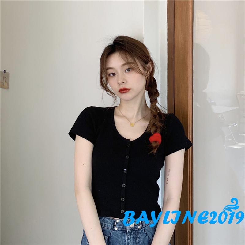 Áo Thun Nữ Ngắn Tay Cổ Tròn Hở Eo Thời Trang