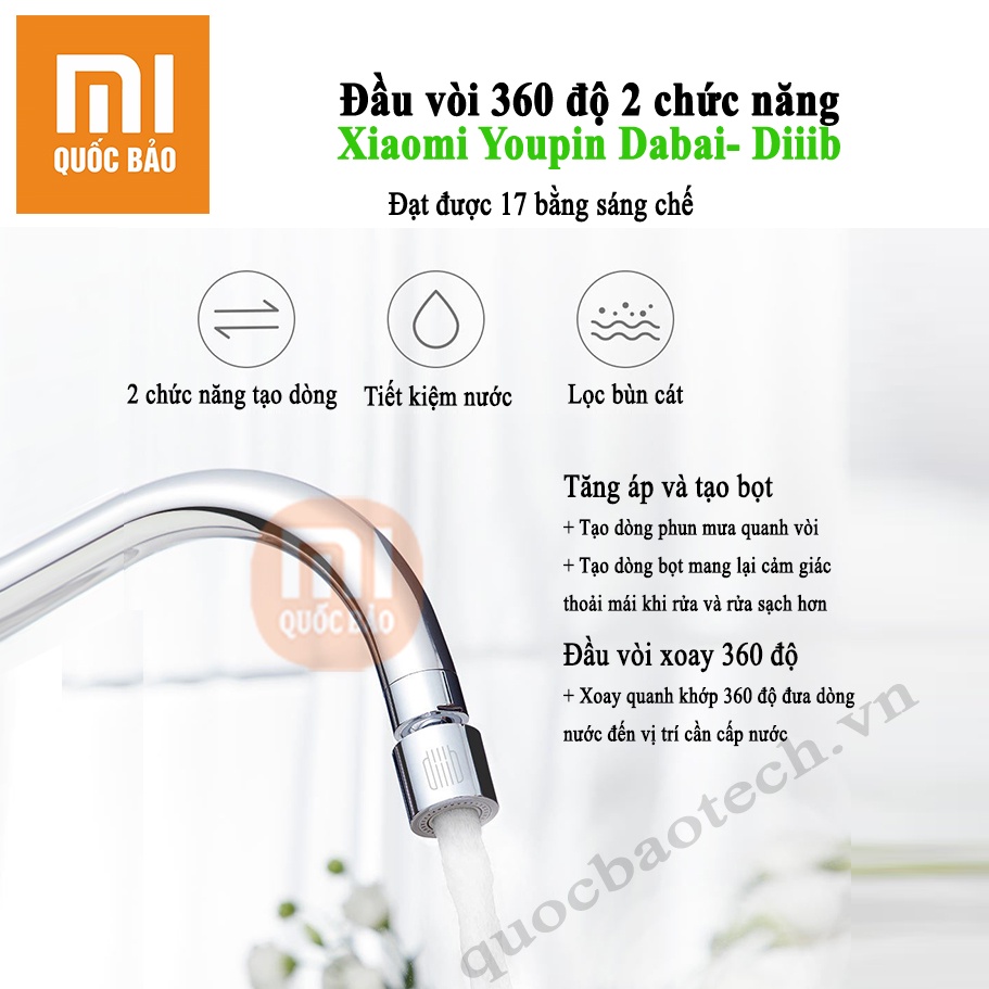 Đầu vòi nước xoay 360 độ 2 chức năng Xiaomi Youpin Diiib- Xoay 360 độ, 2 chế độ phun nước.