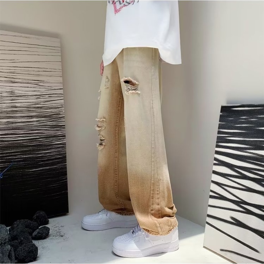 Quần Jeans Dài Rách Gối quần ống suông Thời Trang quần bò nam Dành phong cách Hàn Quốc quần jean nam retro quần bò nam rách gối
