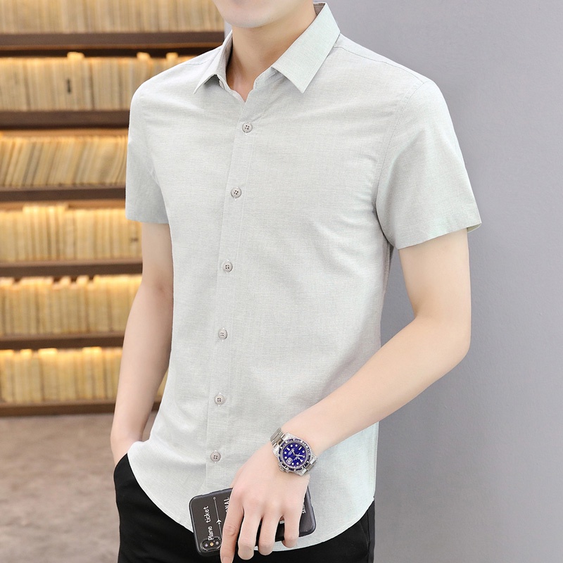 Áo Sơ Mi Tay Ngắn Màu Trơn Dáng Ôm Phong Cách Hàn Quốc Thời Trang Mùa Hè 2022 Mới Cho Nam