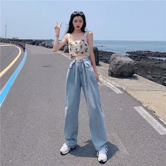 [ ORDER ] Áo croptop hai dây len hoạ tiết hoa và quần jean ống rộng ulzzang