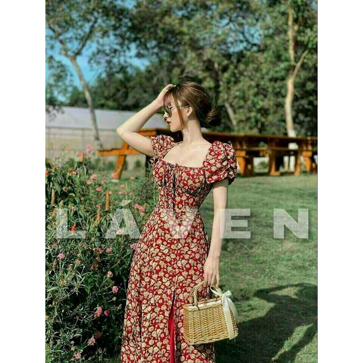 Váy hoa đỏ vintage xẻ tà có miếng lót ngực free size dưới 55kg vừa kèm hình thật