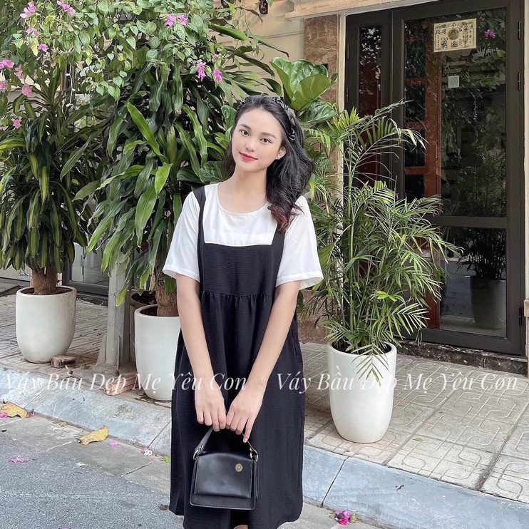 Yếm bầu công sở màu đen giả yếm nhún bụng, cổ vuông, nơ sườn MYC1340, có size 40-100kg (Yếm rời không kèm áo)