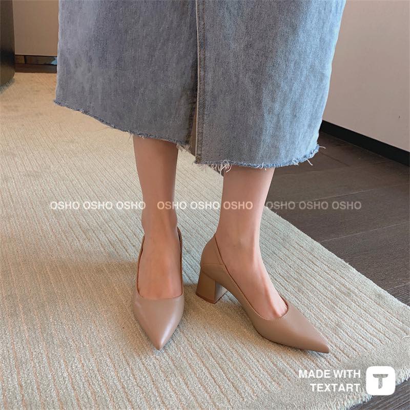 Giày cao gót nữ đế vuông cao cấp 5 phân OSHO, thiết kế mũi nhọn, chất da mềm phom basic sang trọng