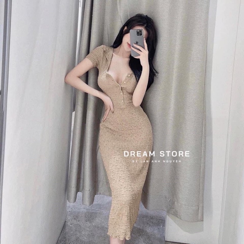 Váy Body Xốp Len Mongtoghi Xòe Đuôi Cá Cúc Ngực Dáng Dài cổ sơ mi Đầm maxi ôm bó