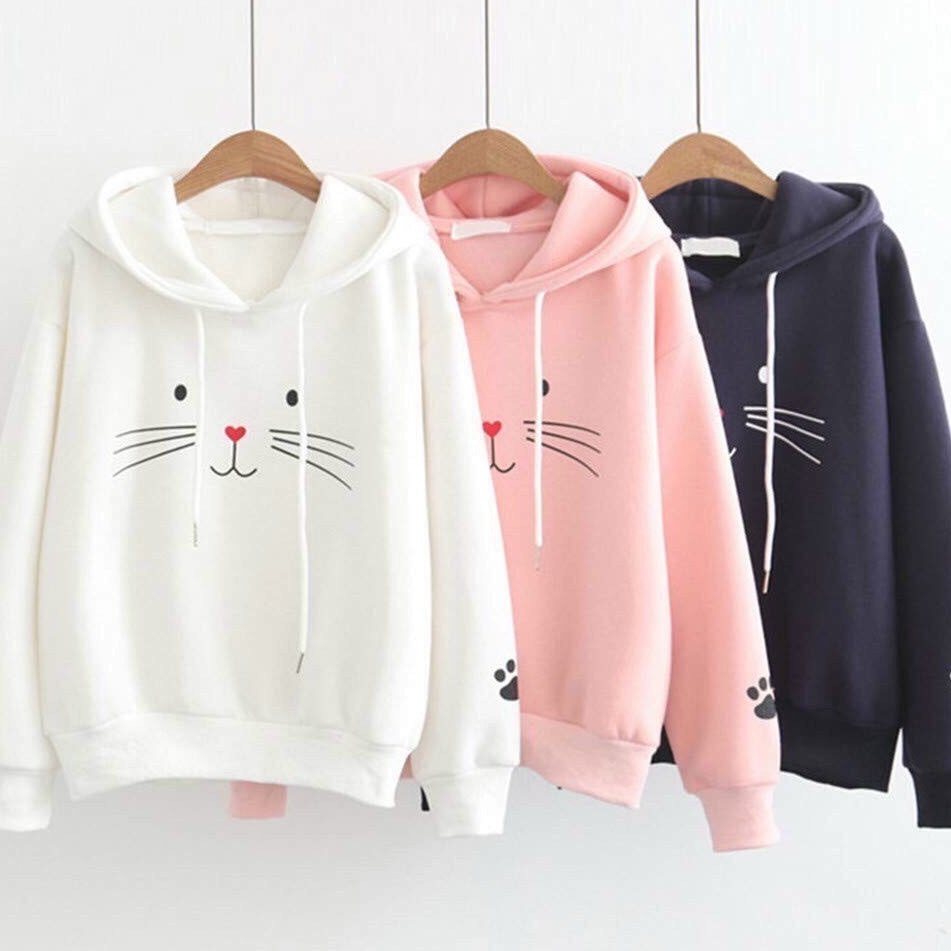 ÁO HOODIE NỮ ❤️FREESHIP❤️ áo hoodie NHIỀU MÀU VẢI NỈ POLY IN MẶT MÈO CUTE FREE SIZE DƯỚI 60KG
