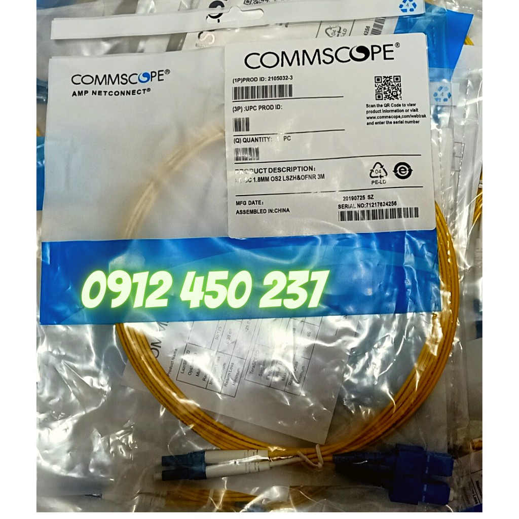 Dây nhảy quang AMP/ CommScope LC-SC Duplex Singlemode OS2 3m, màu vàng, 2105032-3