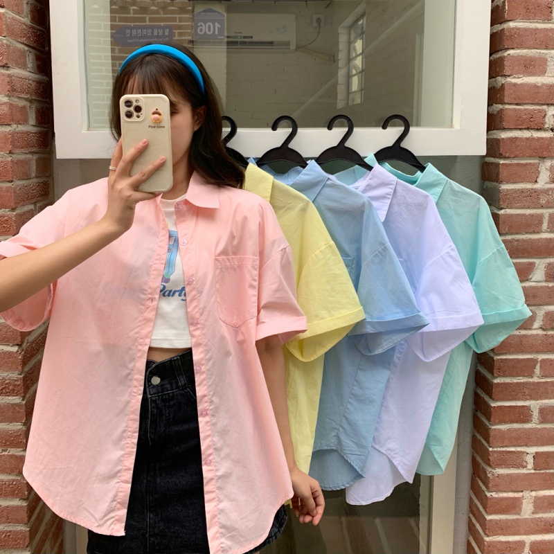 Áo sơ mi tay ngắn màu sắc kẹo ngọt 178829Áo sơ mi ngắn tay dáng rộng đơn giản dễ phối đồ | BigBuy360 - bigbuy360.vn
