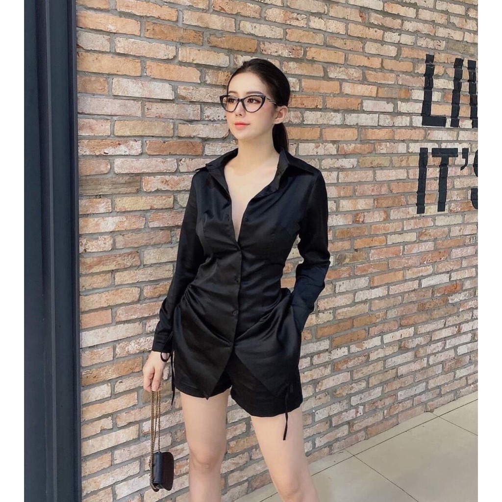 Sét bộ áo sơ mi lụa satin rút dây kèm quần ngắn