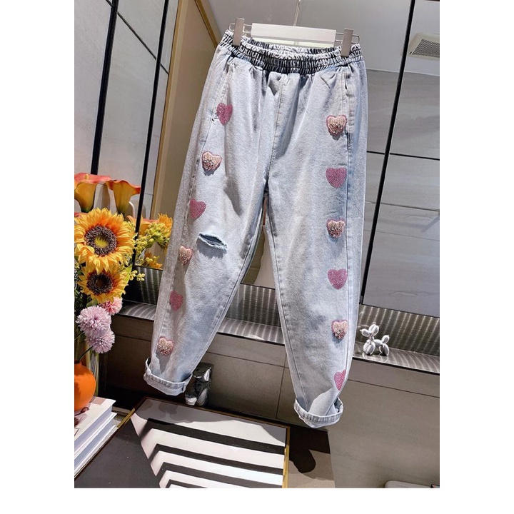 European 2022 spring new heavy industry nail bead love hole water washing light blue loose waist covering meat all kinds of daddy trousers