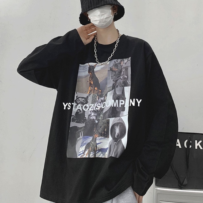 Áo thun tay dài dáng rộng in họa tiết hoạt hình phong cách Hàn Quốc thời trang cho nam size M-5XL