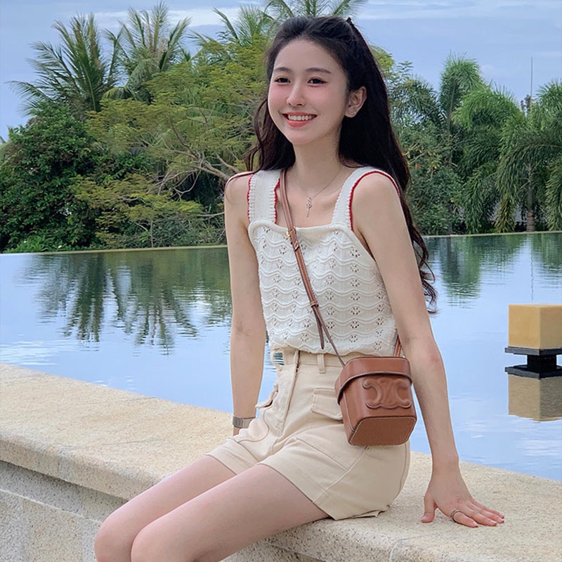 【ZHELIHANGFEI】Áo Dệt Kim Không Tay Thiết Kế Khoét Rỗng Dễ Phối Đồ