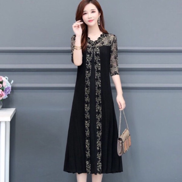 Đầm thun đen phối ren big size cao cấp hàng có sẵn size 65-100kg hàng y hình che khuyết điểm size lớn 60-85kg | BigBuy360 - bigbuy360.vn