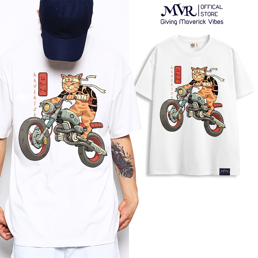 Áo Phông Tay Lỡ Thun Nam Nữ unisex mèo lái xe môtô ao Phong Cách Streetwear Đường Phố Chính Hãng MVR TT1421