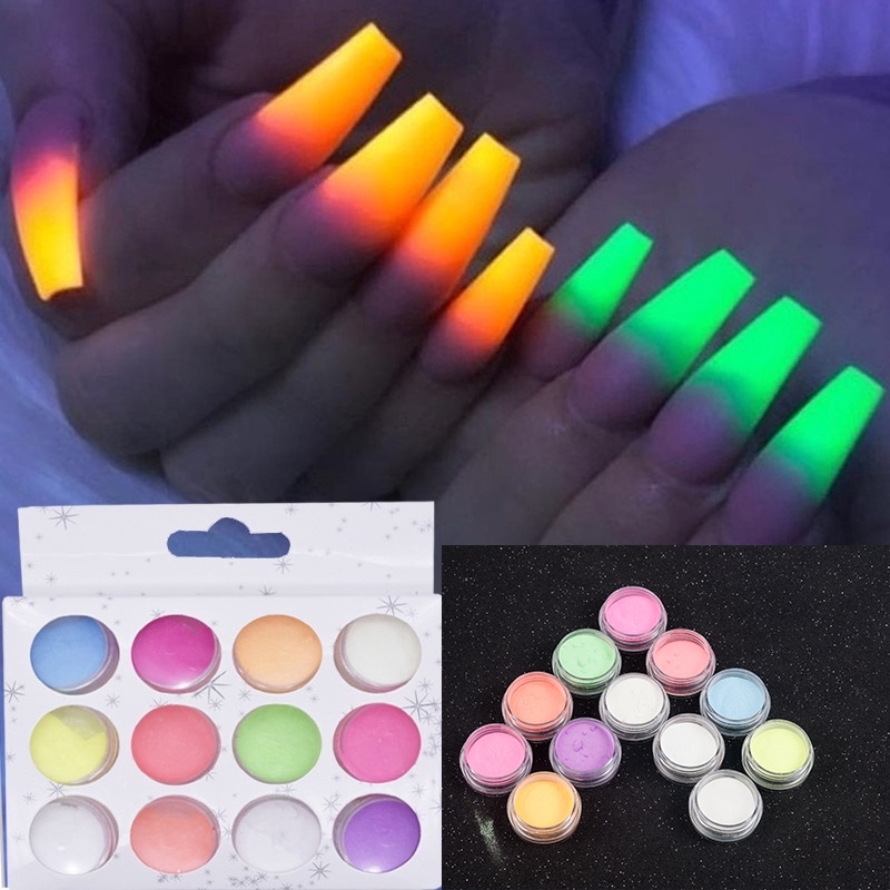 Bộ Bột Kim Tuyến Dạ Quang Trang Trí Móng Tay 12 Màu