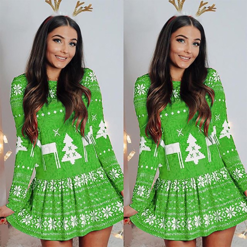 Đầm Midi Tay Dài Dáng Ôm In Họa Tiết Giáng Sinh Thời Trang Mùa Hè Thu Cho Nữ