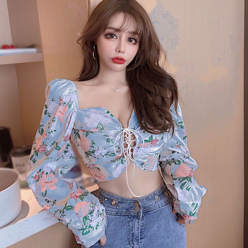 Áo croptop tay phồng cổ vuông họa tiết in sáng tạo hợp thời trang cho nữ