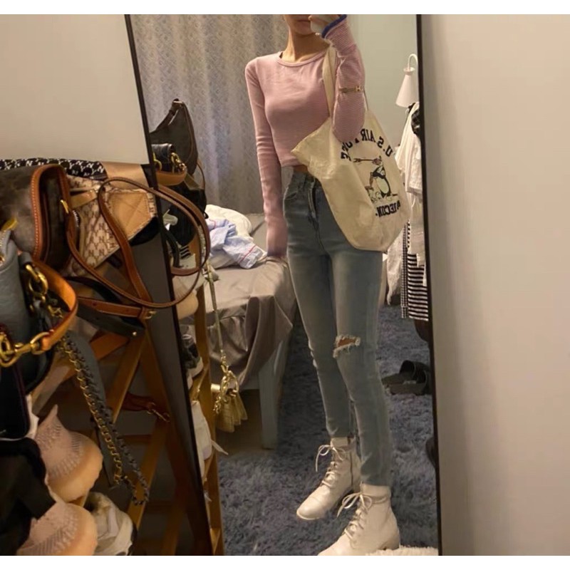 Size M | Quần jeans bó rách gối ulzzang SJ4559 | BigBuy360 - bigbuy360.vn