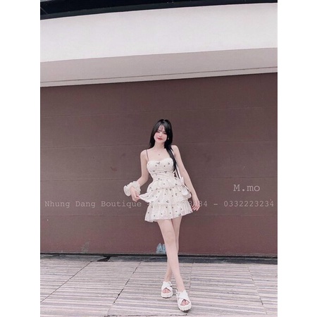 Đầm tiểu thư váy xòe đi tiệc cưới, đầm cúp ngực hoa nhí 2 dây tà xếp tầng thiết kế tinh tế,phong cách bánh bèo nhẹ nhàng