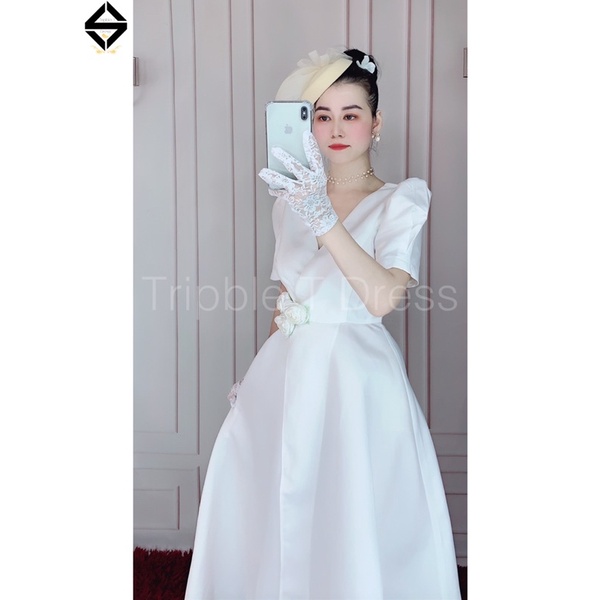 Đầm maxi mặc cưới xẻ đùi nhẹ kết bông hoa eo - size M/L - MS06HV