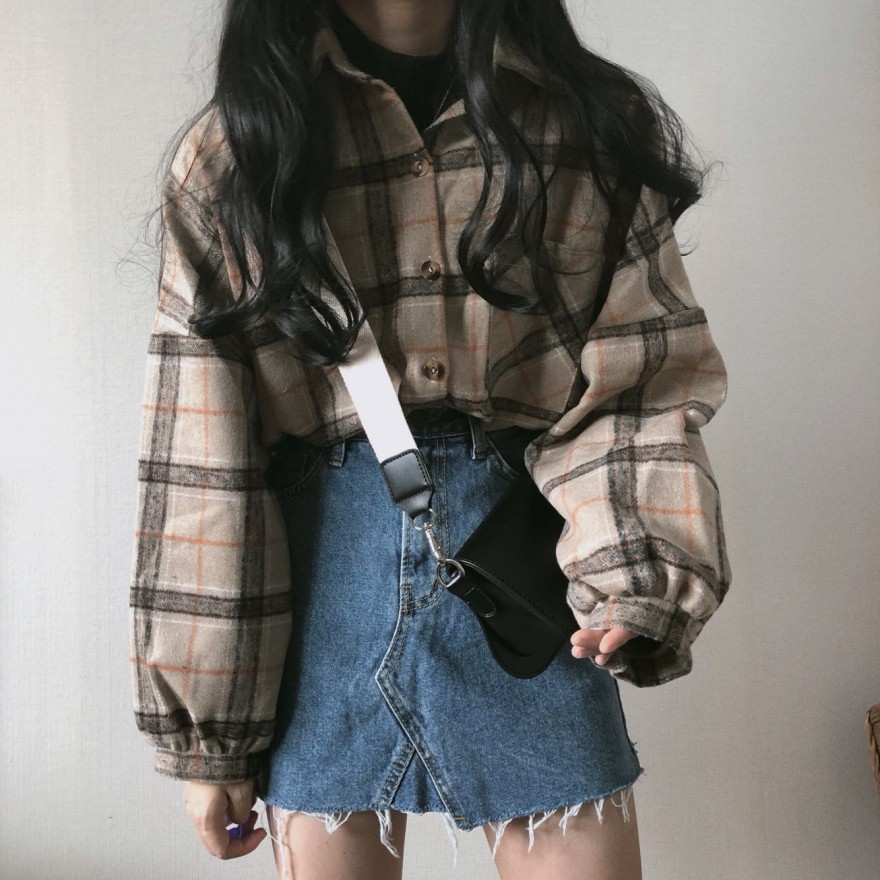 Áo sơ mi dài tay cho nữ kẻ Br túi ngực unisex chất thô mềm form rộng thiết kế tay bồng thời trang vintage GuZ