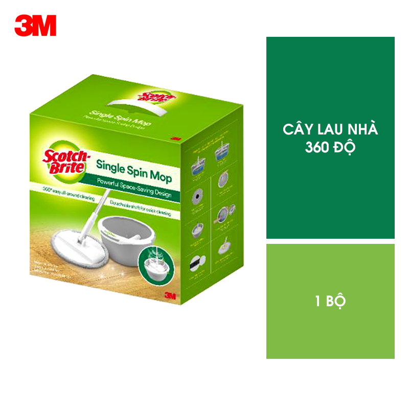 Bộ cây lau nhà 360 độ Scotch Brite 3M Thế hệ mới bông lau microfiber lấy sạch bụi bẩn