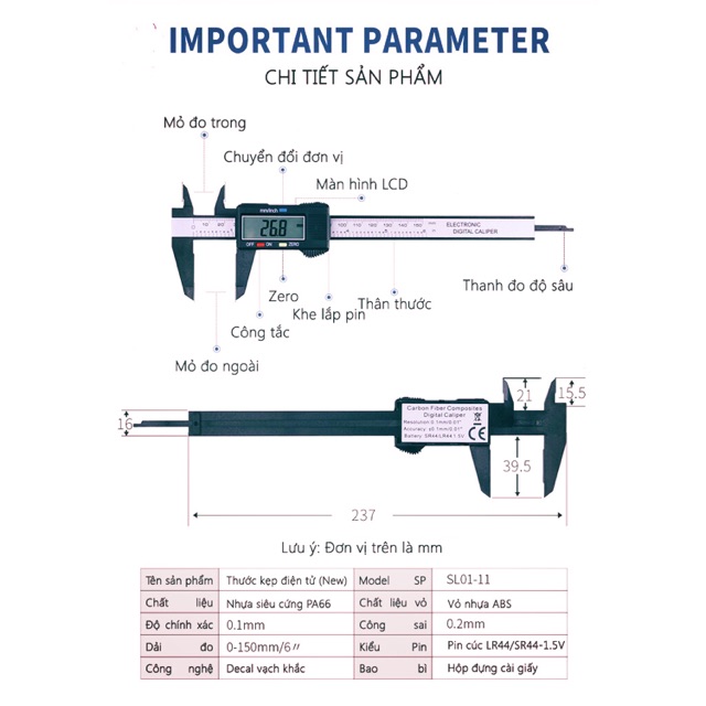 Thước kẹp điện tử 150mm(Tặng kèm pin)