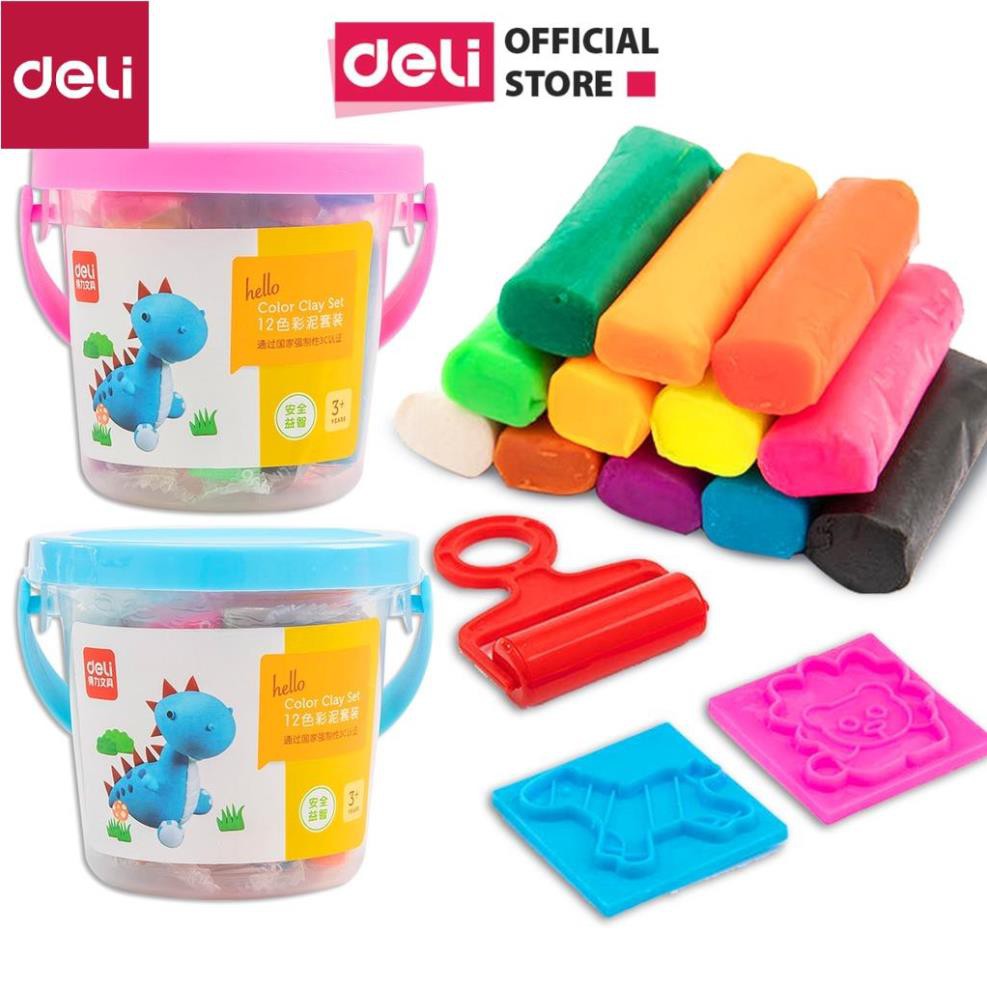 Đất nặn nhiều màu Deli - Chất liệu an toàn - có khuôn kèm - 12/24 màu - 01 hộp nhựa có quai xách - 7022/7021 [Deli]