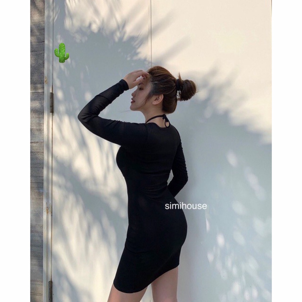 đầm body thun gân kiểu khoét ngực cổ dây yếm ( có mút )