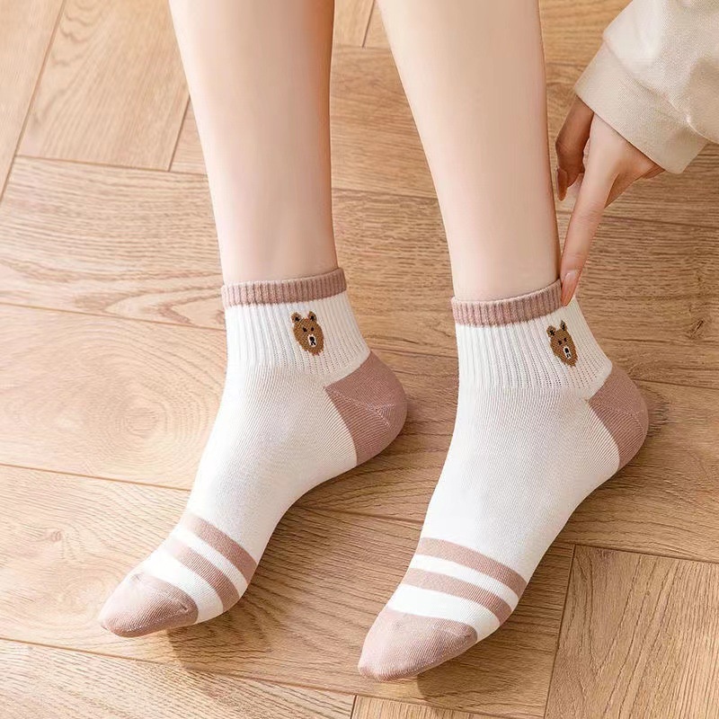 5 đôi Vớ nữ Màu đen trắng Phim hoạt hình dễ thương Phần mỏng Miệng nông Miệng thoáng khí Mềm mại Thoải mái mắt cá chân