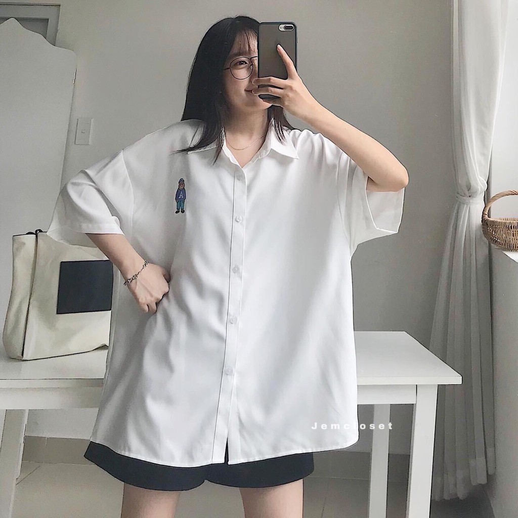 Áo sơ mi dài tay dáng rộng unnisex thêu logo Gấu A_Áo sơ mi nam nữ đi học, đi làm basic