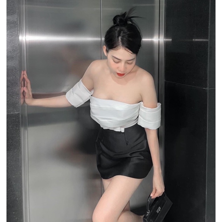 Đầm xoè trễ vai xếp ly ngực 🖤 Thelaniclothing