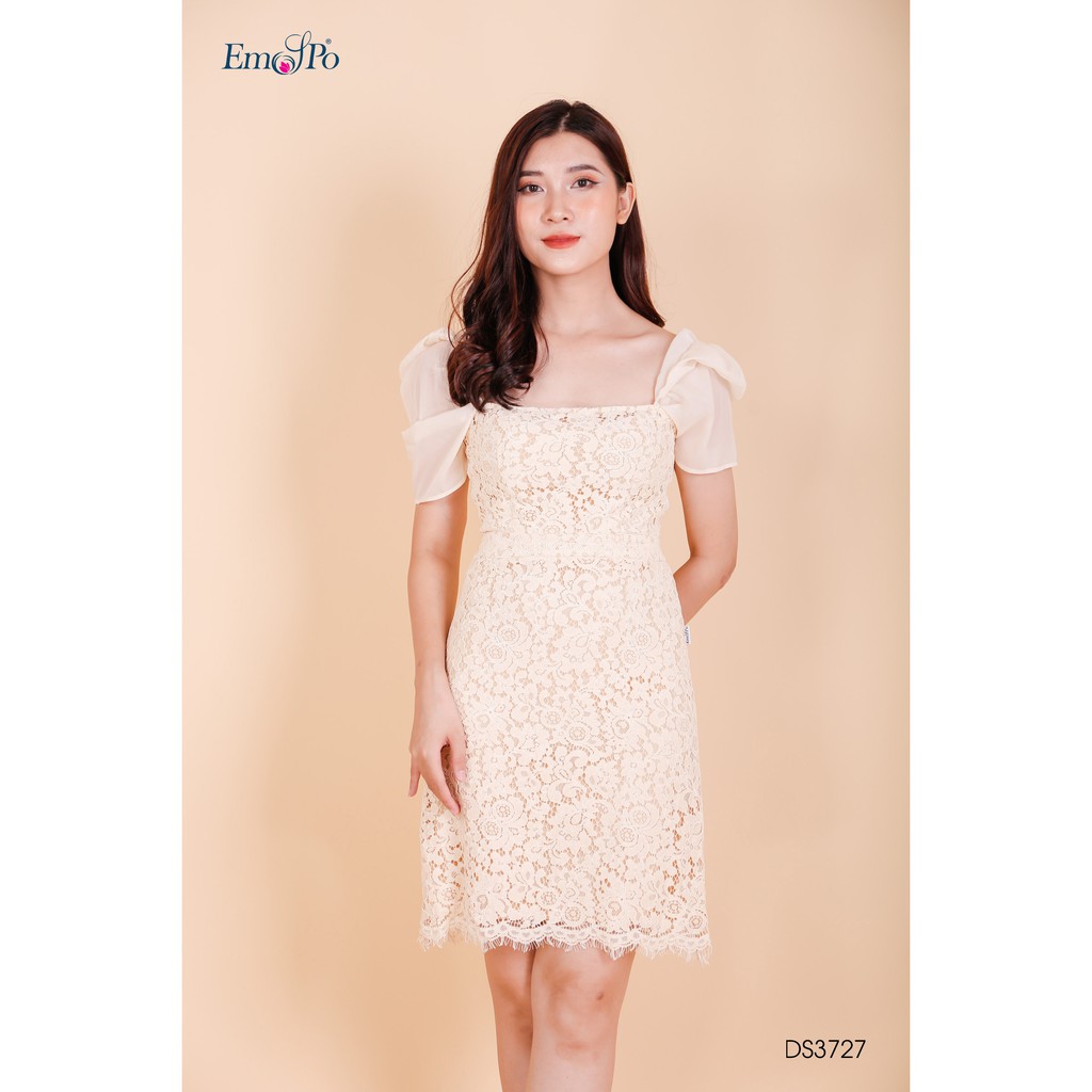 Đầm ren ôm A, vải phối tay, tay rúm ly bồng Emspo DS3727 (Be, Hồng)