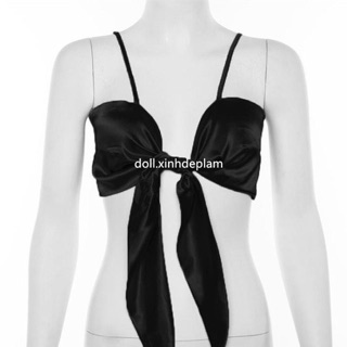 Croptop buộc nơ Hyun Ah lụa satin chỉ còn đen